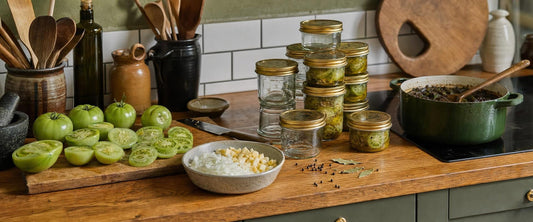 Grønne tomater, syltede tomatskiver og en gryde med tomatchutney på et køkkenbord