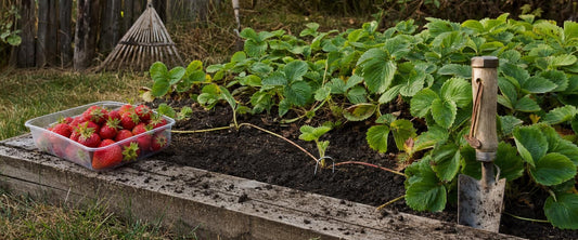 Jordbærplantens udløber presses ned i jorden ved siden af nyplukkede jordbær i en bærbakke