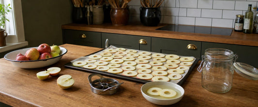 Æbleringe lagt i ét lag på en bageplade ved siden af faldæbler og en æbledeler i rustfrit stål