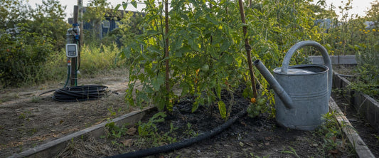 Sivevanding langs tomatplanter i et højbed i en dansk kolonihave