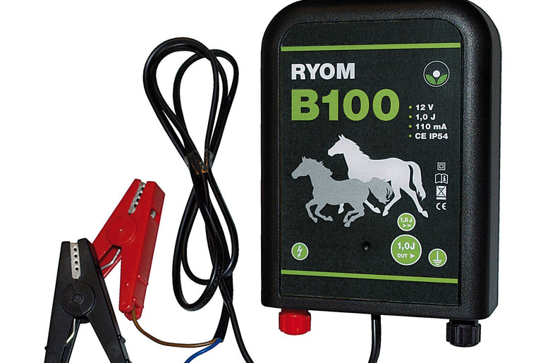 Ryom B100 elhegnsapparat til 12 V batteri med krokodilleklemmer og jordkabel