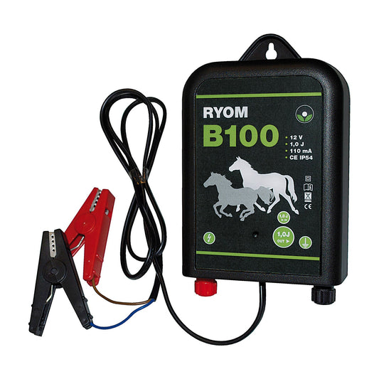 Ryom B100 elhegnsapparat til 12 V batteri med krokodilleklemmer og jordkabel