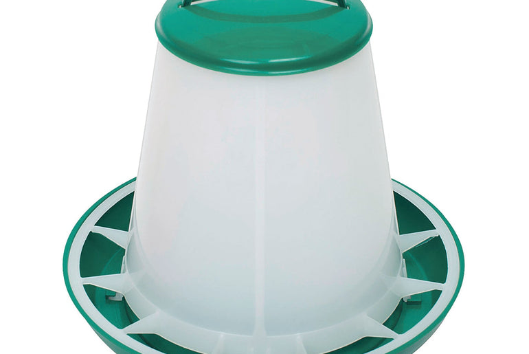 Fodertårn til høns i hvid plast med grønt låg, 1 kg