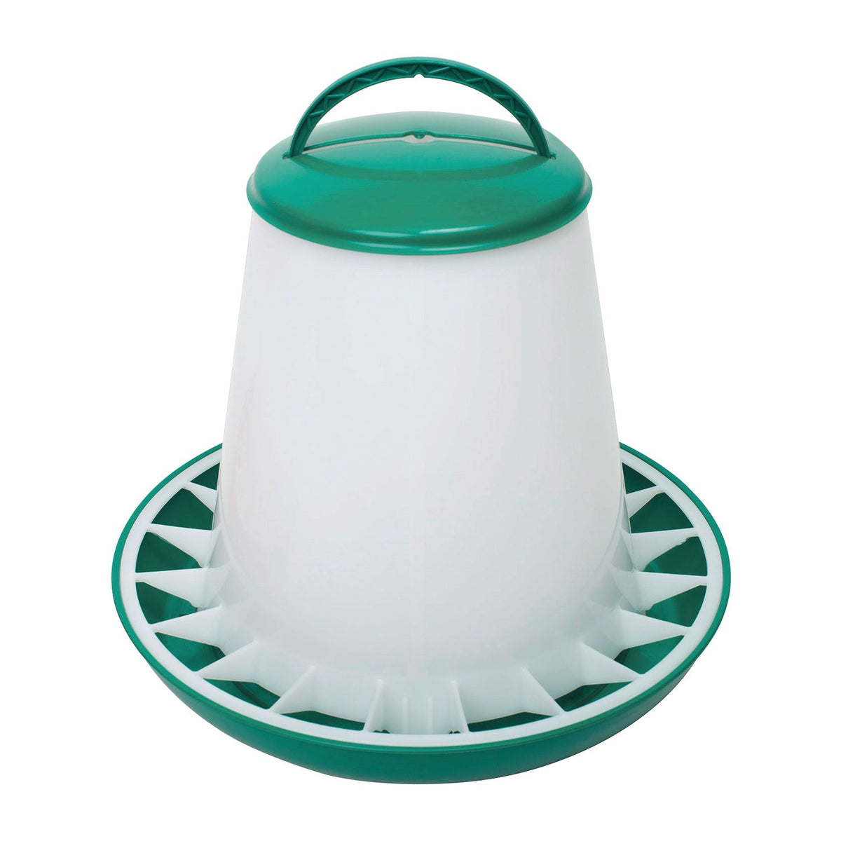 Fodertårn til høns i hvid plast med grønt låg, 6 kg