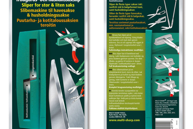 Multi-Sharp saksesliber i emballage set for- og bagfra