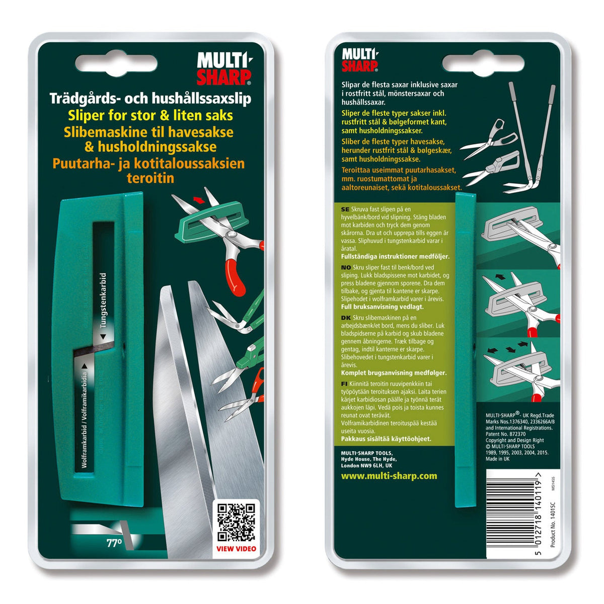 Multi-Sharp saksesliber i emballage set for- og bagfra
