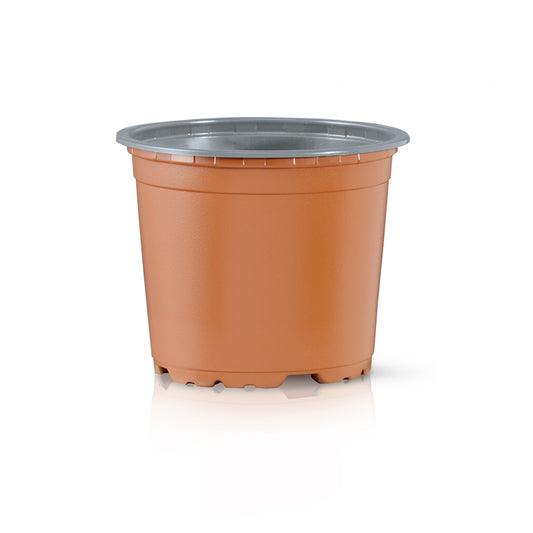 Plastpotte 12 cm i terracotta med grå kant, set fra siden