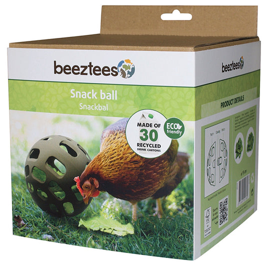 Beeztees snackbold i papemballage med høne på forsiden